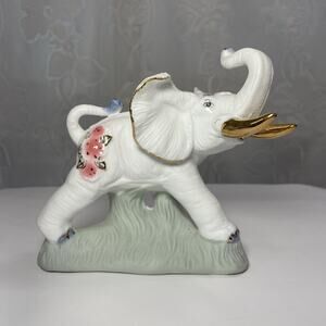 Vintage Ceramic Elephant Walking White Floral Gold Husks #3